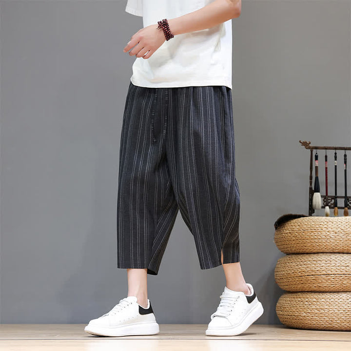 Buddha Stones Pantaloni capri estivi casual a righe con coulisse, pantaloni harem da uomo con tasca - Nero - US/UK/AU46, EU56 (5XL) - image 10