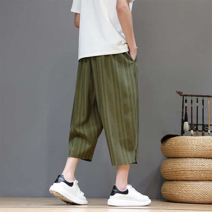 Buddha Stones Pantaloni capri estivi casual a righe con coulisse, pantaloni harem da uomo con tasca - image 29
