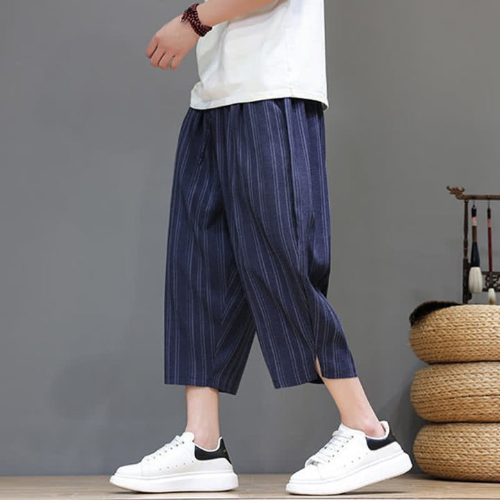 Buddha Stones Pantaloni capri estivi casual a righe con coulisse, pantaloni harem da uomo con tasca - image 21