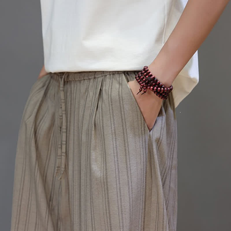 Buddha Stones Pantaloni capri estivi casual a righe con coulisse, pantaloni harem da uomo con tasca - image 8