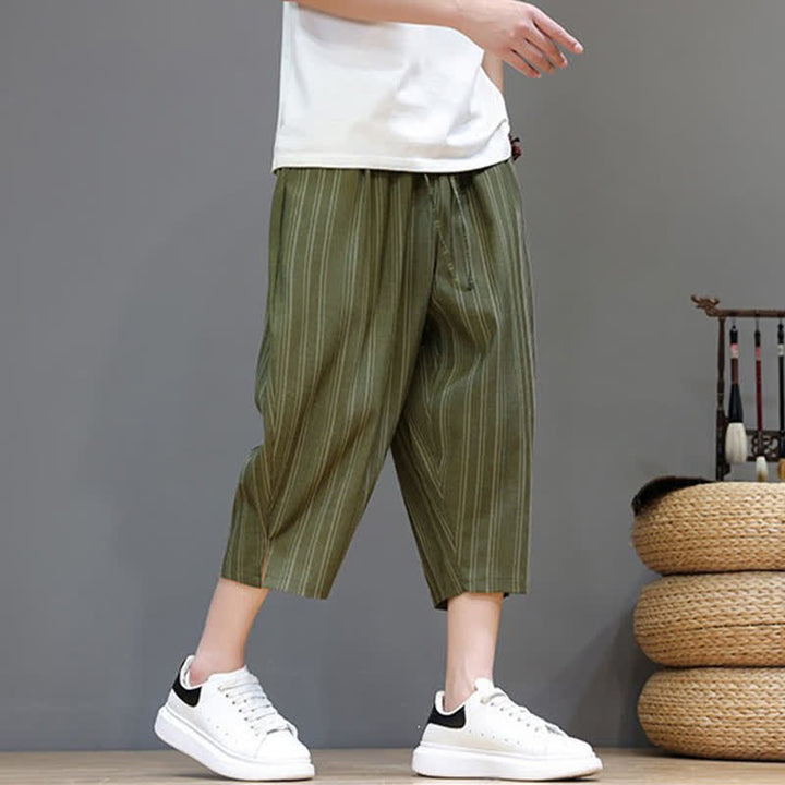 Buddha Stones Pantaloni capri estivi casual a righe con coulisse, pantaloni harem da uomo con tasca - image 28
