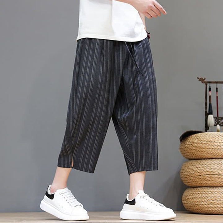 Buddha Stones Pantaloni capri estivi casual a righe con coulisse, pantaloni harem da uomo con tasca - image 14