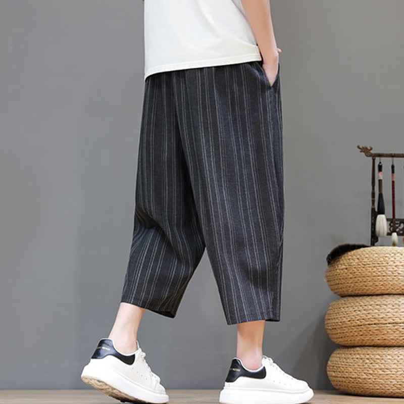 Buddha Stones Pantaloni capri estivi casual a righe con coulisse, pantaloni harem da uomo con tasca - image 13