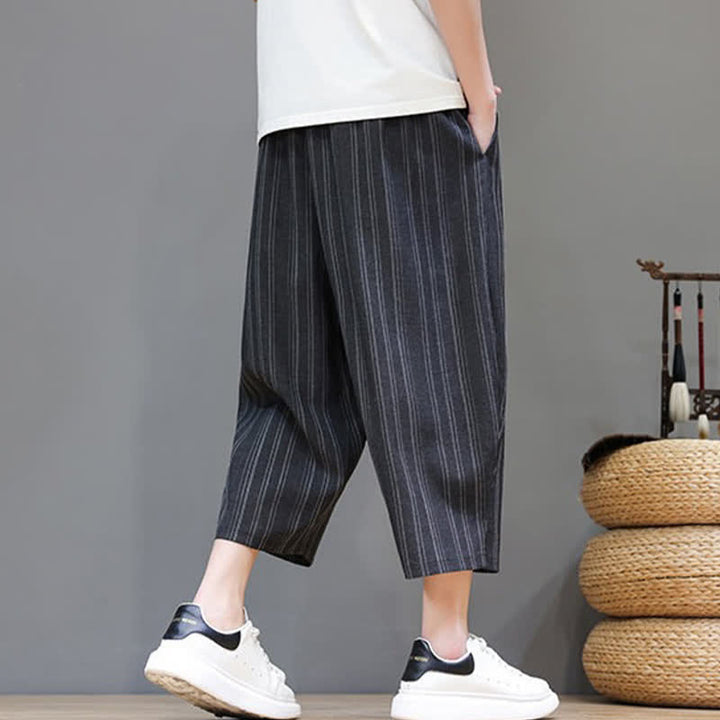 Buddha Stones Pantaloni capri estivi casual a righe con coulisse, pantaloni harem da uomo con tasca - image 13