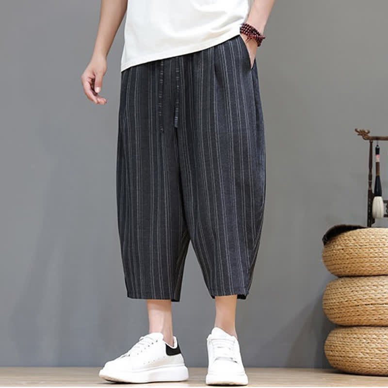Buddha Stones Pantaloni capri estivi casual a righe con coulisse, pantaloni harem da uomo con tasca - image 12