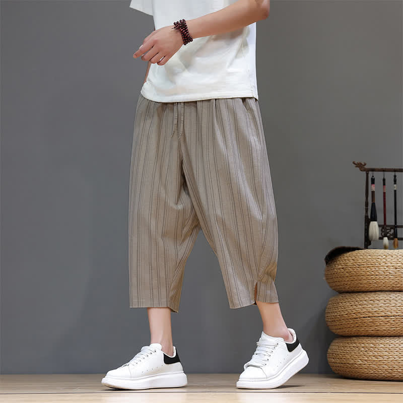 Buddha Stones Pantaloni capri estivi casual a righe con coulisse, pantaloni harem da uomo con tasca - Tan - US/UK/AU46, EU56 (5XL) - image 0