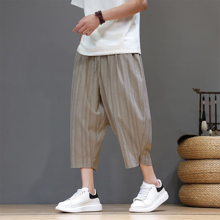 Buddha Stones Pantaloni capri estivi casual a righe con coulisse, pantaloni harem da uomo con tasca - Tan - US/UK/AU46, EU56 (5XL) - image 0