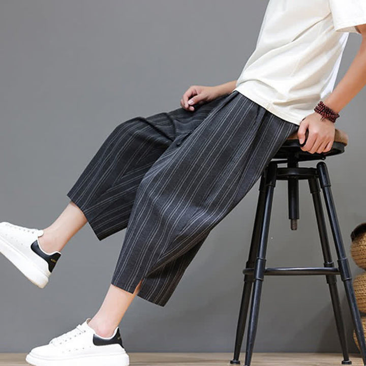 Buddha Stones Pantaloni capri estivi casual a righe con coulisse, pantaloni harem da uomo con tasca - image 17