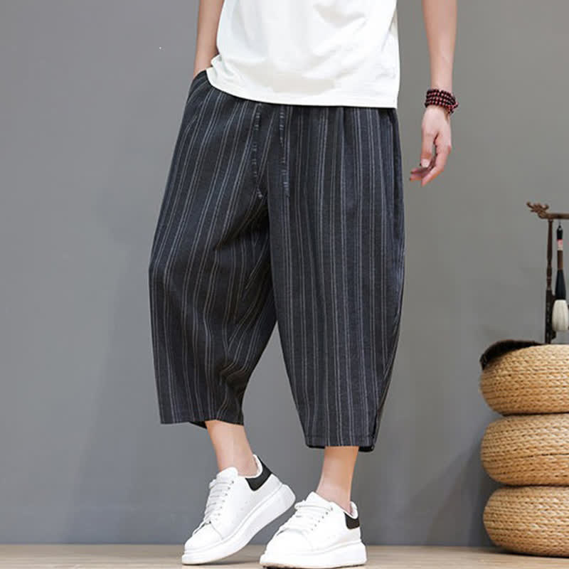 Buddha Stones Pantaloni capri estivi casual a righe con coulisse, pantaloni harem da uomo con tasca - image 16