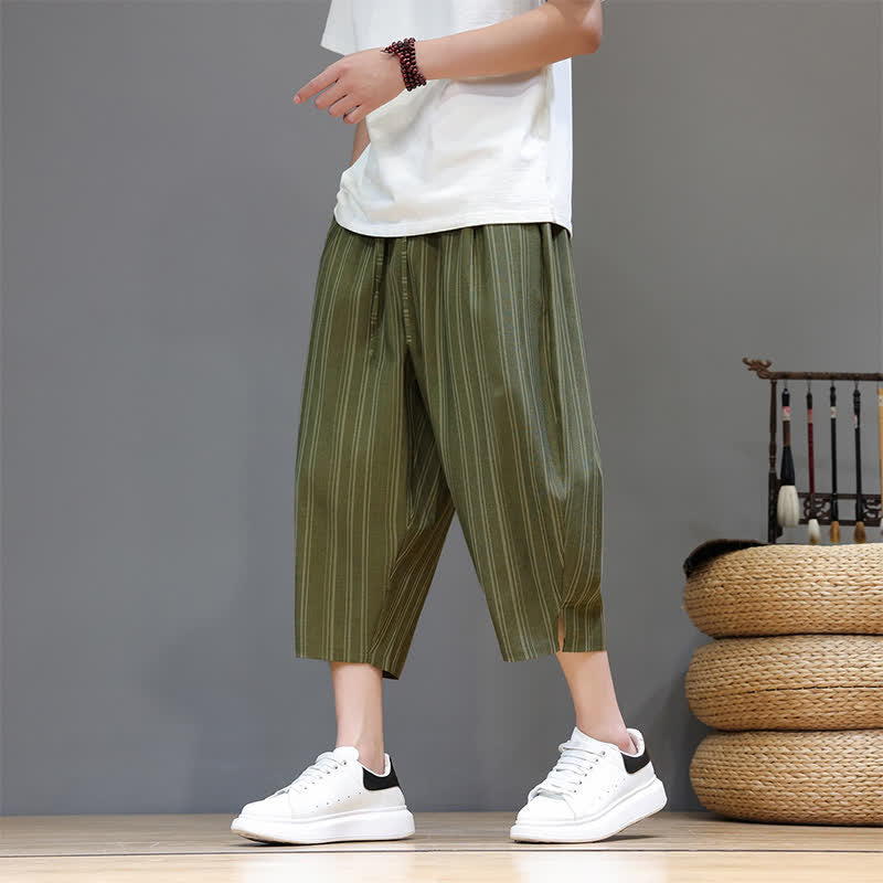 Buddha Stones Pantaloni capri estivi casual a righe con coulisse, pantaloni harem da uomo con tasca - image 34