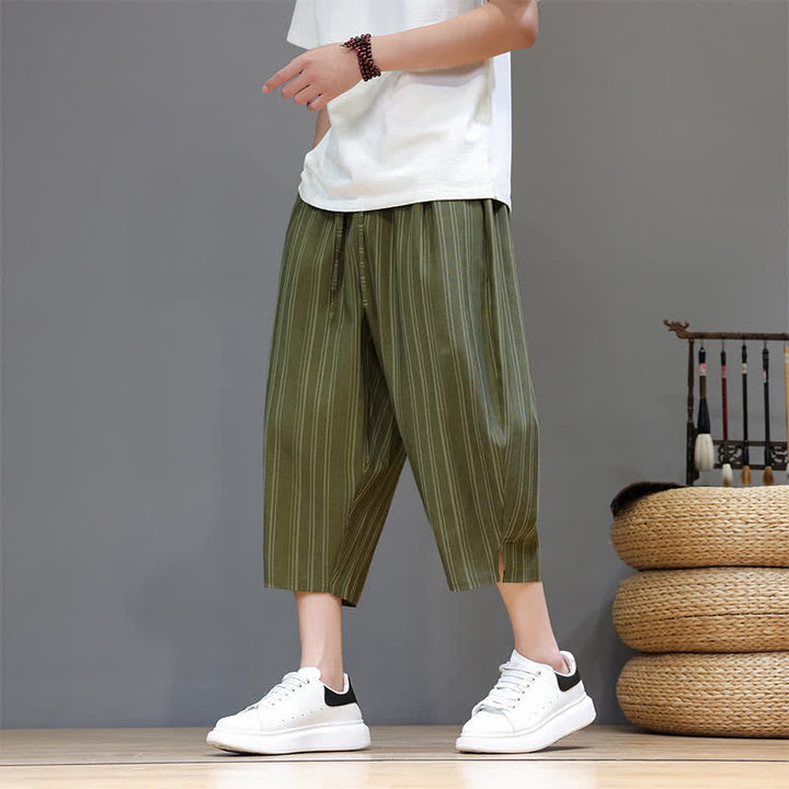 Buddha Stones Pantaloni capri estivi casual a righe con coulisse, pantaloni harem da uomo con tasca - image 34