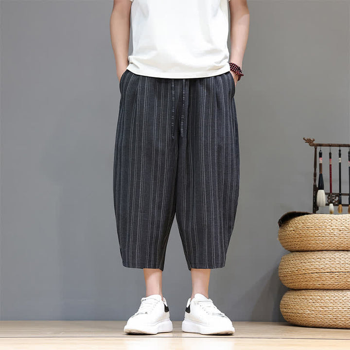 Buddha Stones Pantaloni capri estivi casual a righe con coulisse, pantaloni harem da uomo con tasca - image 11