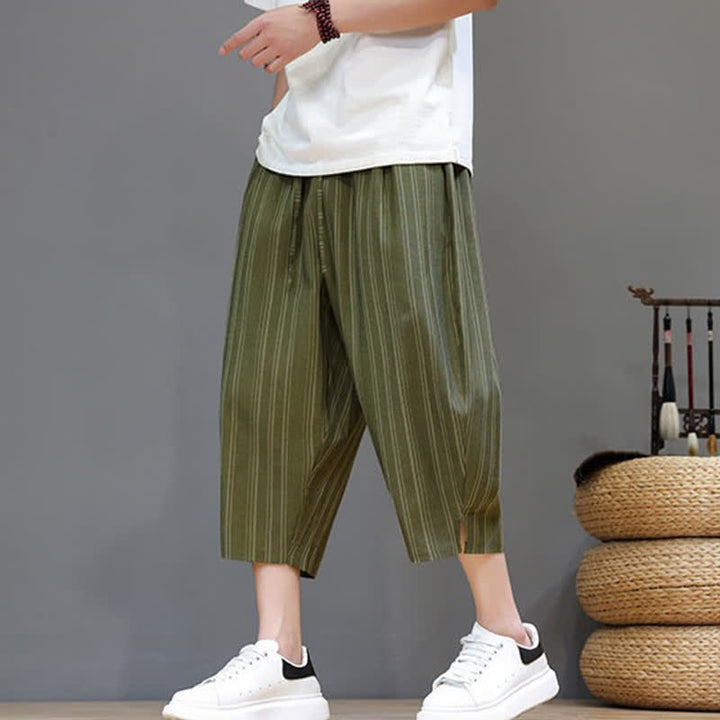 Buddha Stones Pantaloni capri estivi casual a righe con coulisse, pantaloni harem da uomo con tasca - image 33