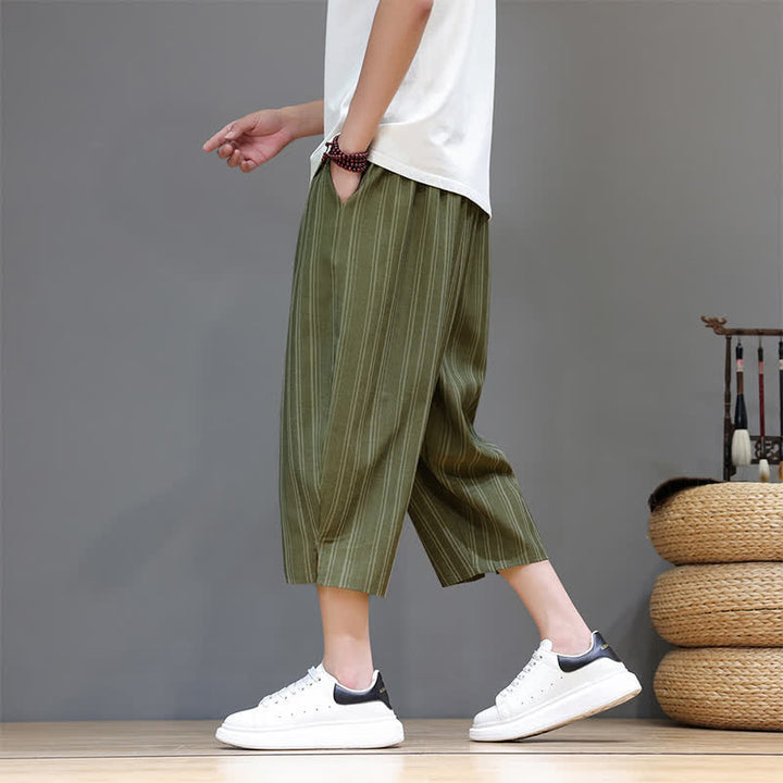 Buddha Stones Pantaloni capri estivi casual a righe con coulisse, pantaloni harem da uomo con tasca - image 30