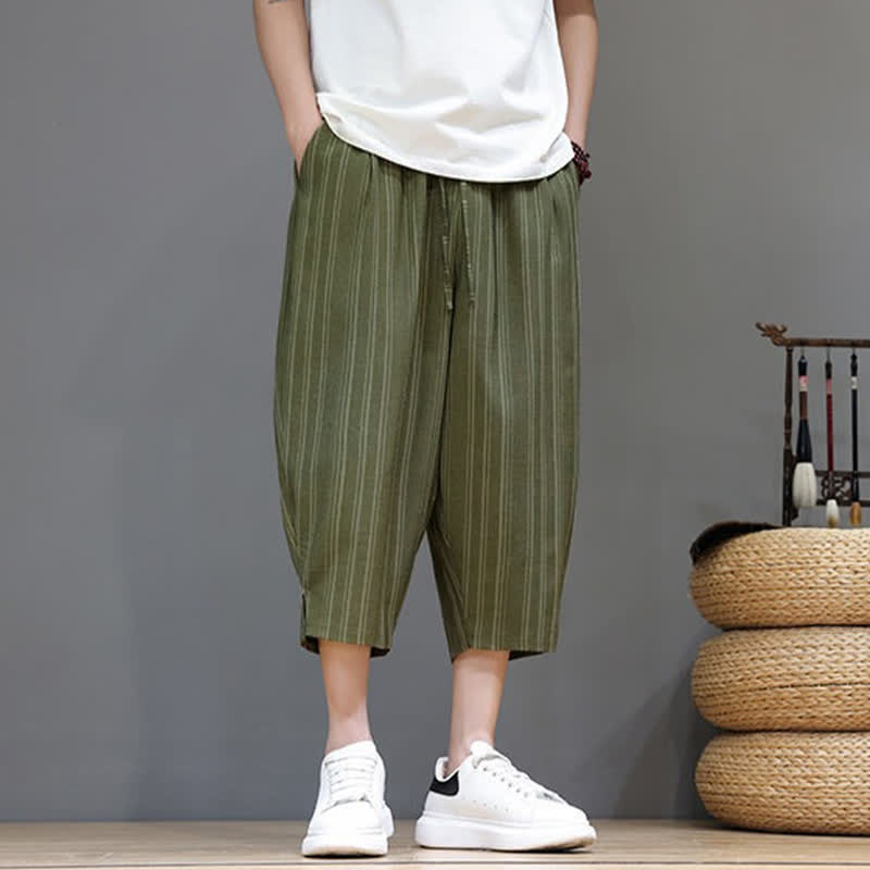 Buddha Stones Pantaloni capri estivi casual a righe con coulisse, pantaloni harem da uomo con tasca - image 32
