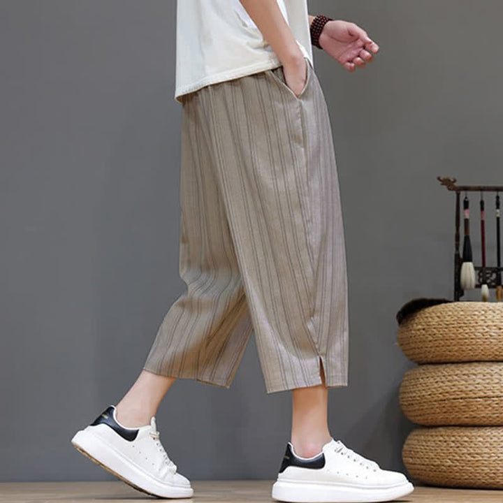 Buddha Stones Pantaloni capri estivi casual a righe con coulisse, pantaloni harem da uomo con tasca - image 4