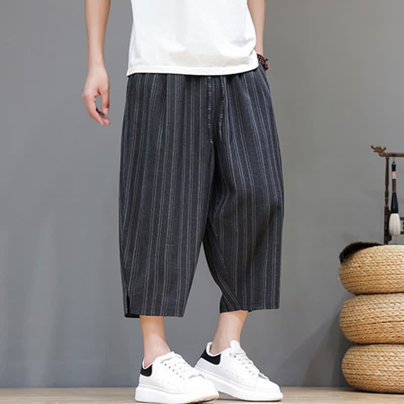 Buddha Stones Pantaloni capri estivi casual a righe con coulisse, pantaloni harem da uomo con tasca - image 15