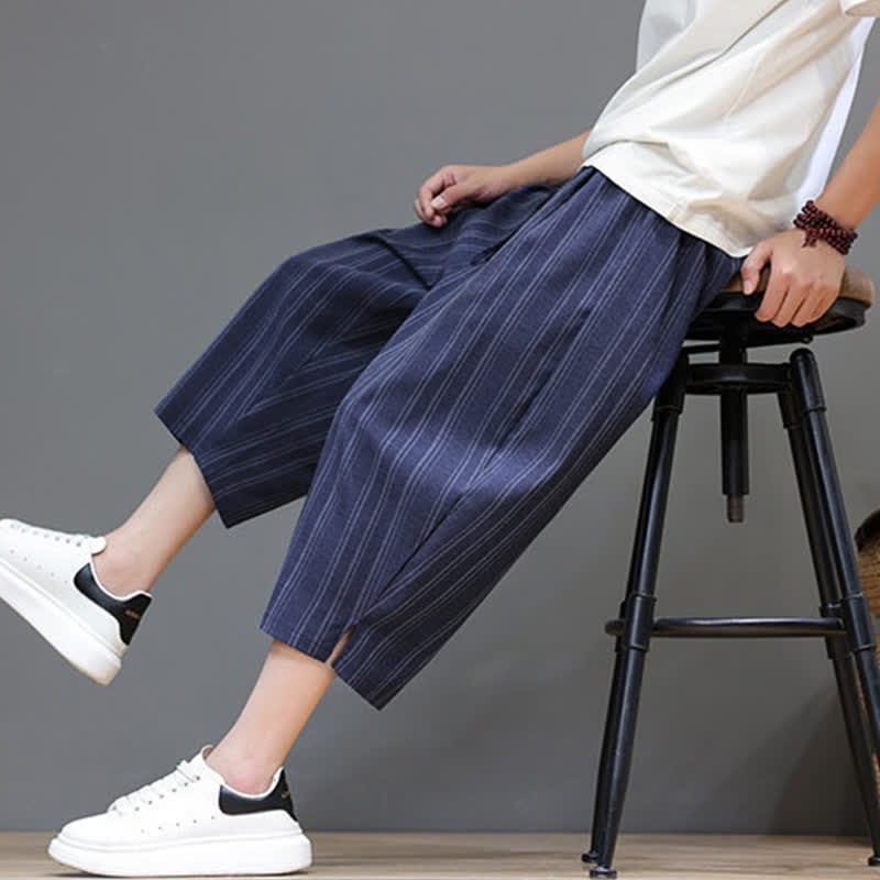 Buddha Stones Pantaloni capri estivi casual a righe con coulisse, pantaloni harem da uomo con tasca - image 25
