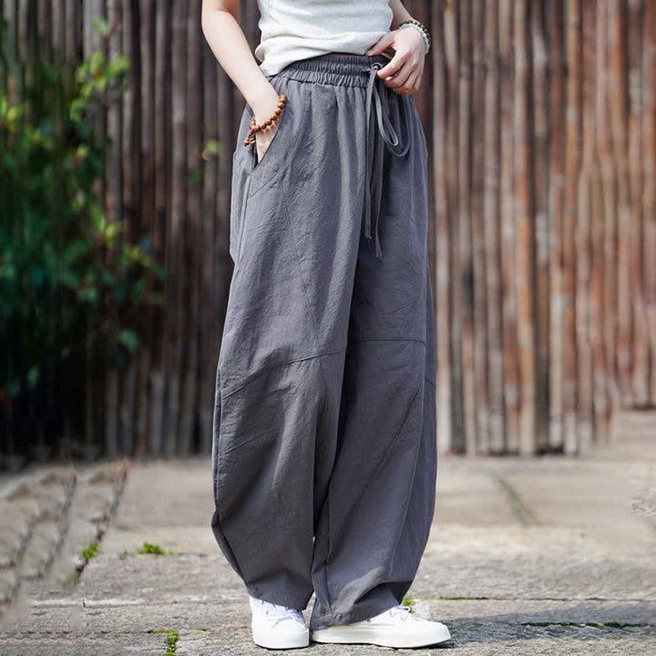 Buddha Stones Pantaloni corti estivi casual da uomo in cotone tinta unita con coulisse, modello harem con tasca - image 9