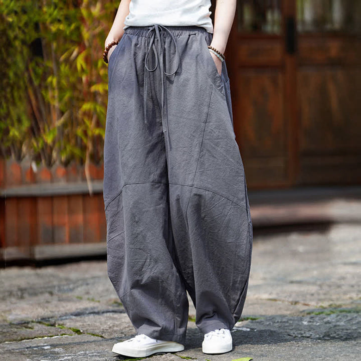 Buddha Stones Pantaloni corti estivi casual da uomo in cotone tinta unita con coulisse, modello harem con tasca - image 1