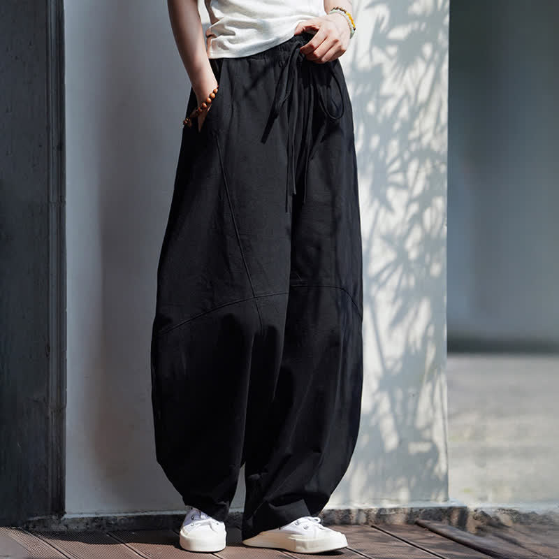 Buddha Stones Pantaloni corti estivi casual da uomo in cotone tinta unita con coulisse, modello harem con tasca - image 14