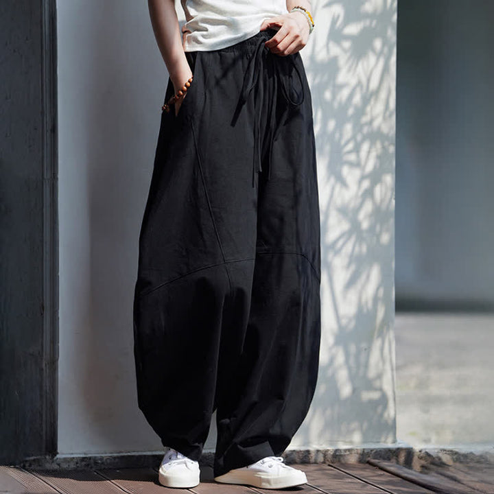 Buddha Stones Pantaloni corti estivi casual da uomo in cotone tinta unita con coulisse, modello harem con tasca - image 14