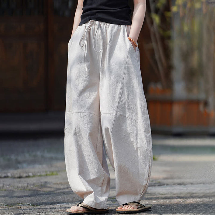 Buddha Stones Pantaloni corti estivi casual da uomo in cotone tinta unita con coulisse, modello harem con tasca - image 28