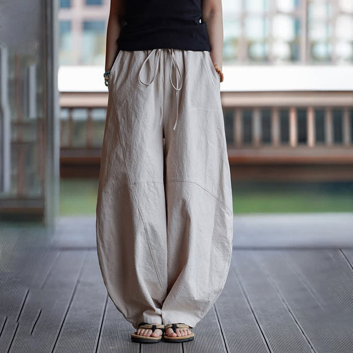 Buddha Stones Pantaloni corti estivi casual da uomo in cotone tinta unita con coulisse, modello harem con tasca - image 26