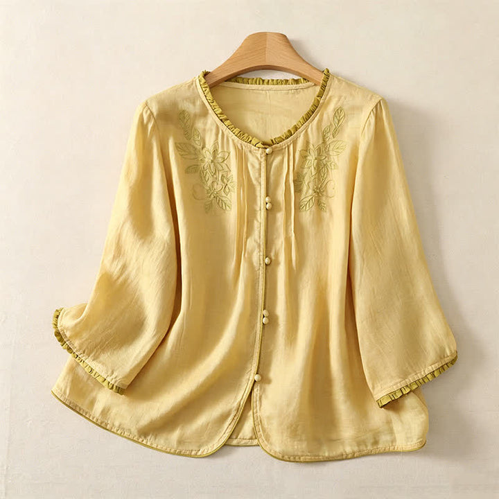 Buddha Stones Camicia da donna a maniche lunghe, elegante e casual, con ricami floreali e foglie, ideale per la primavera/estate. - LemonChiffon - US12, UK/AU16, EU44 (3XL) - image 8
