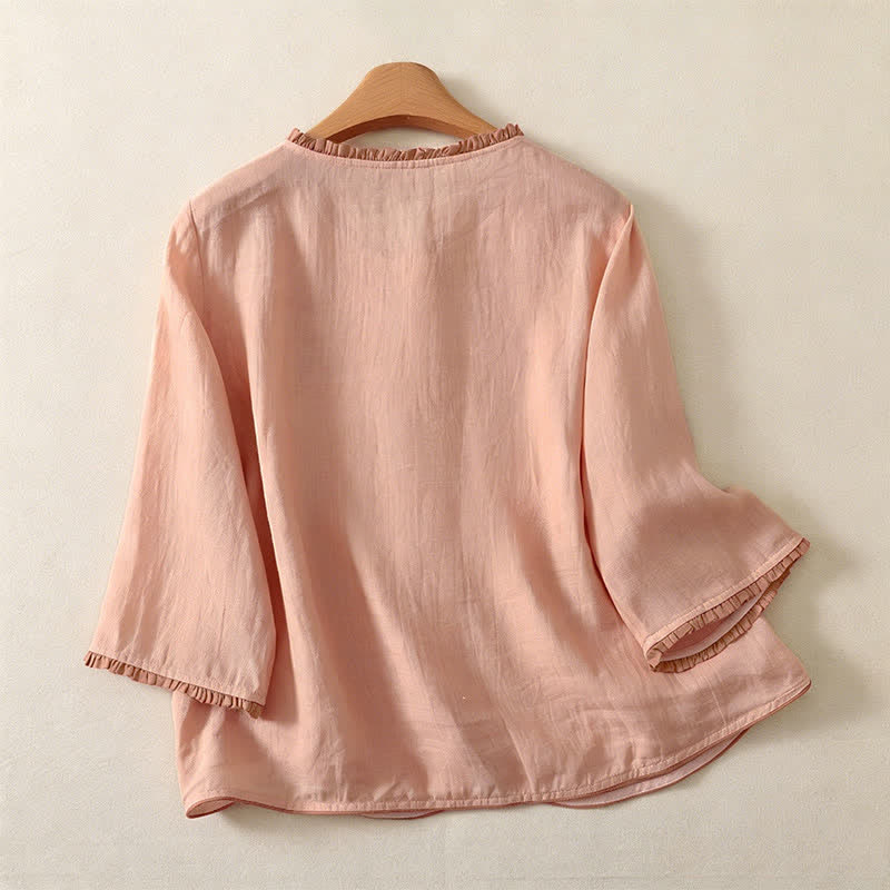 Buddha Stones Camicia da donna a maniche lunghe, elegante e casual, con ricami floreali e foglie, ideale per la primavera/estate. - image 1