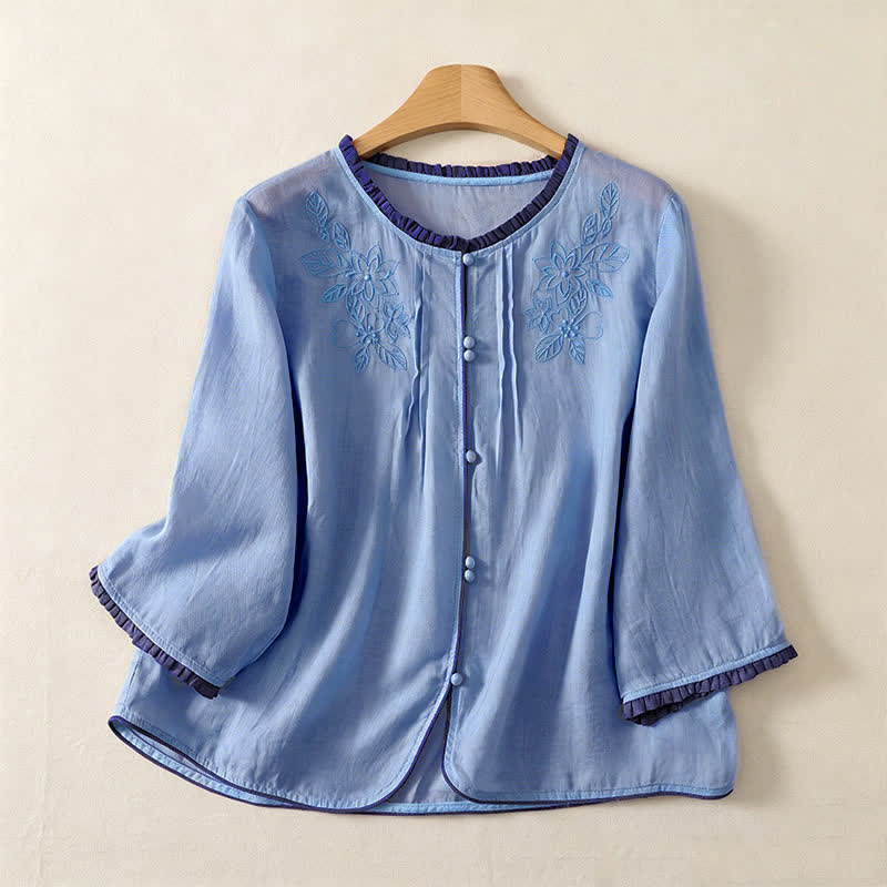 Buddha Stones Camicia da donna a maniche lunghe, elegante e casual, con ricami floreali e foglie, ideale per la primavera/estate. - Blu acciaio chiaro - US12, UK/AU16, EU44 (3XL) - image 13