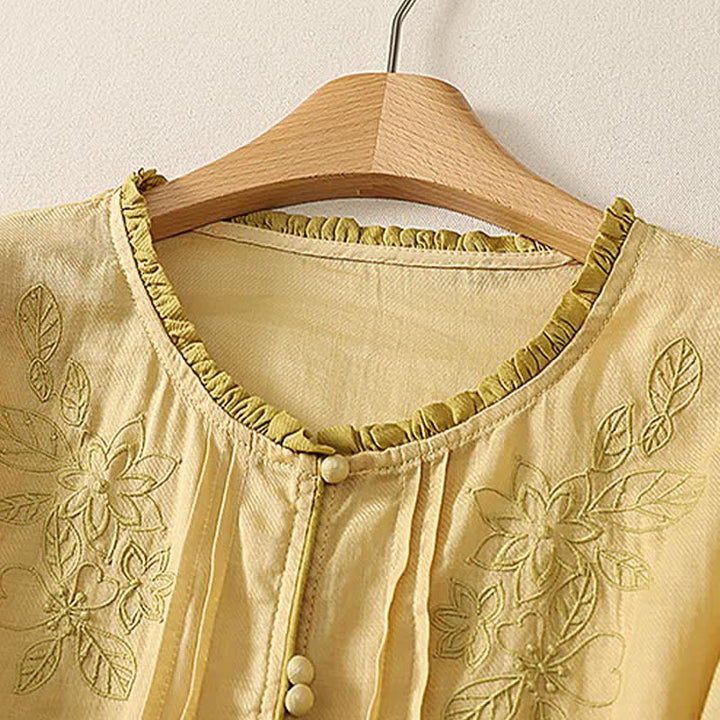 Buddha Stones Camicia da donna a maniche lunghe, elegante e casual, con ricami floreali e foglie, ideale per la primavera/estate. - image 9