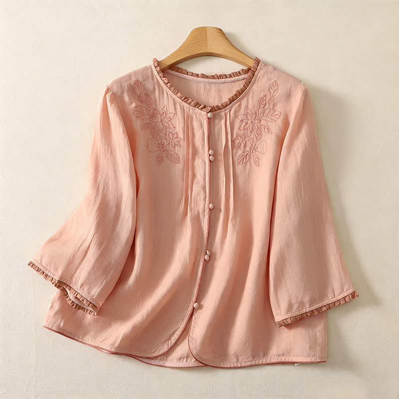 Buddha Stones Camicia da donna a maniche lunghe, elegante e casual, con ricami floreali e foglie, ideale per la primavera/estate. - Mocassino - US12, UK/AU16, EU44 (3XL) - image 0