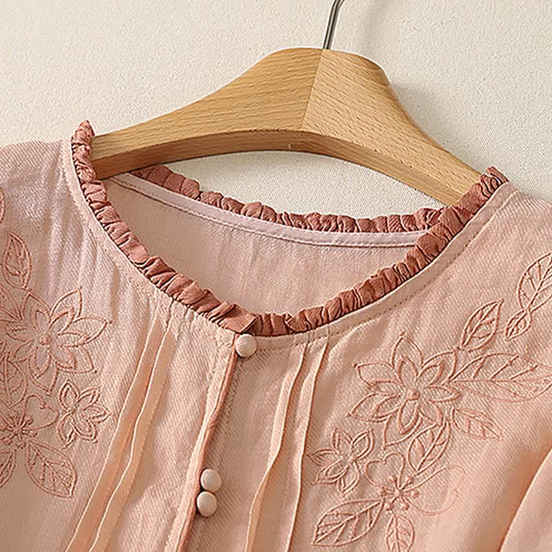 Buddha Stones Camicia da donna a maniche lunghe, elegante e casual, con ricami floreali e foglie, ideale per la primavera/estate. - image 2