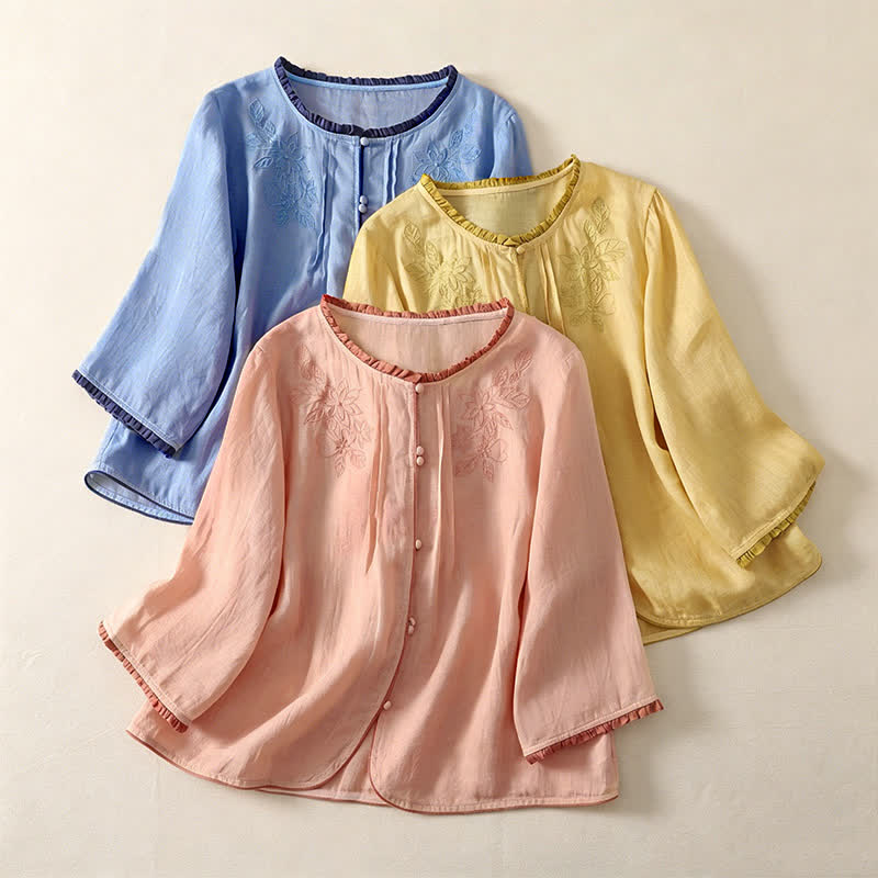 Buddha Stones Camicia da donna a maniche lunghe, elegante e casual, con ricami floreali e foglie, ideale per la primavera/estate. - image 18