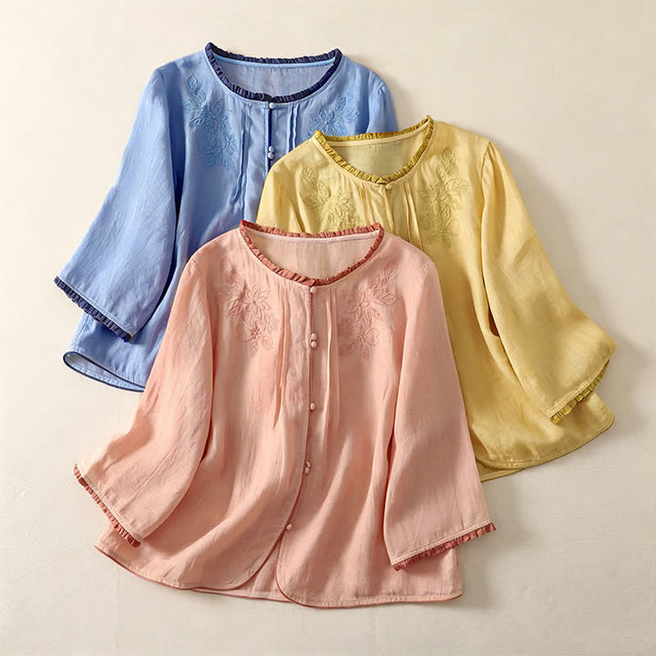 Buddha Stones Camicia da donna a maniche lunghe, elegante e casual, con ricami floreali e foglie, ideale per la primavera/estate. - image 18