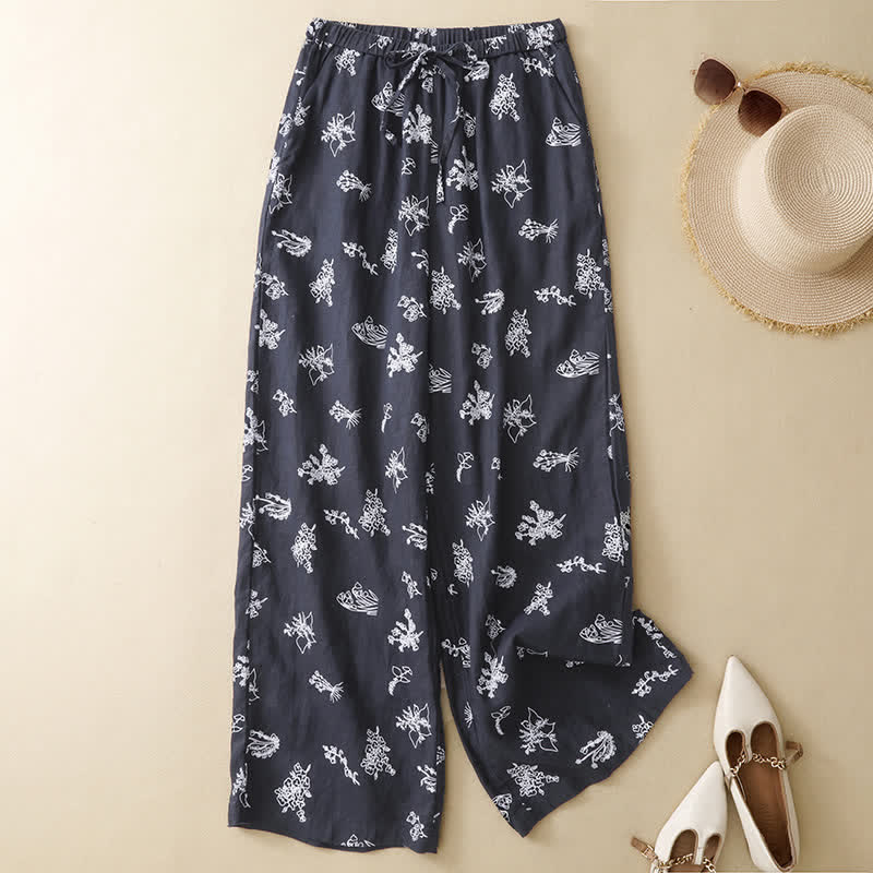Buddha Stones Pantaloni estivi casual vintage con coulisse e stampa floreale, pantaloni a gamba larga da donna con tasca - Marrone sella - US8-10, UK/AU12-14, EU40-42 (2XL) - image 0