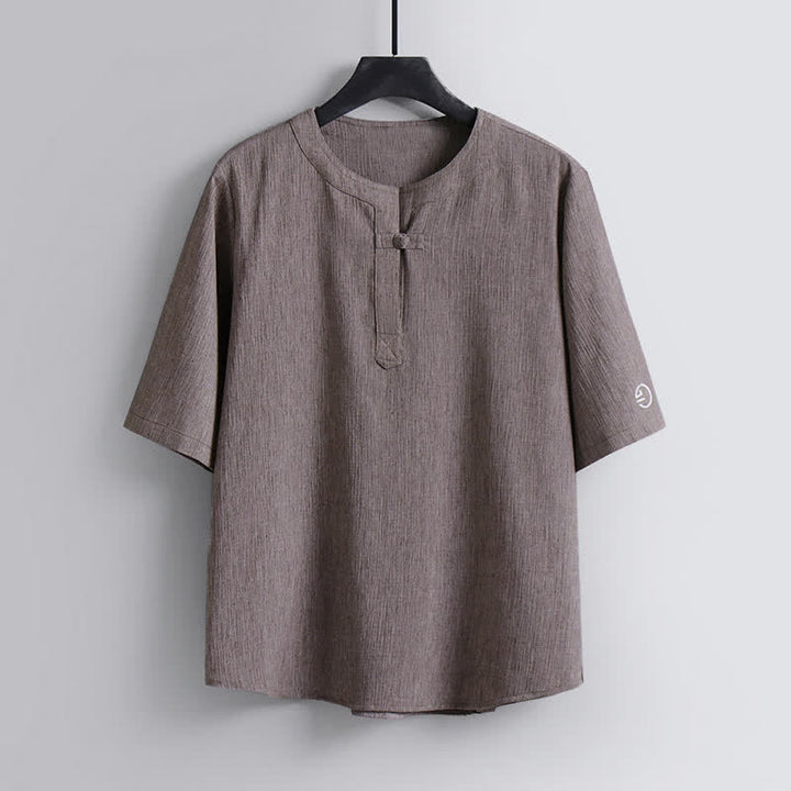Buddha Stones Camicia da uomo a maniche corte, girocollo, stile casual estivo Tang, in tessuto Pankou. - Tan - US/UK/AU54, EU64 (9XL) - image 0
