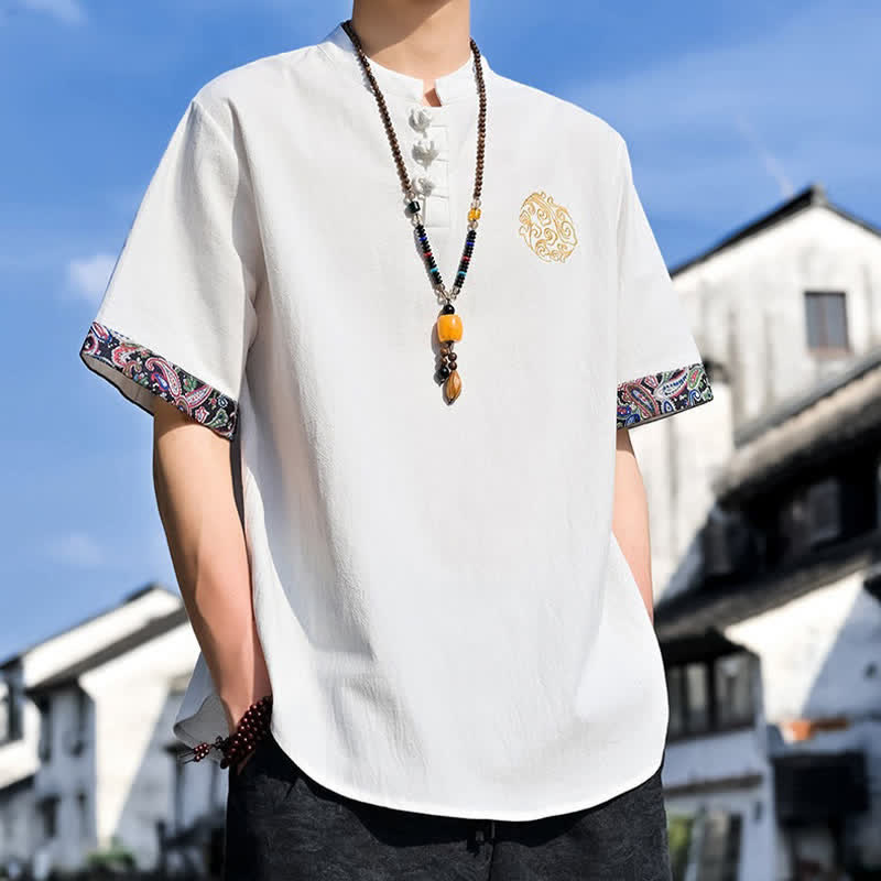 Buddha Stones Camicia da uomo a maniche corte, stile estivo Tang, casual, con bottoni a forma di rana e ricamo. - image 29