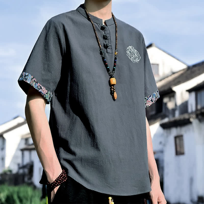 Buddha Stones Camicia da uomo a maniche corte, stile estivo Tang, casual, con bottoni a forma di rana e ricamo. - image 2