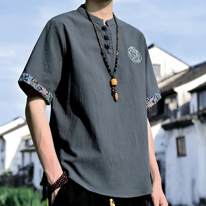 Buddha Stones Camicia da uomo a maniche corte, stile estivo Tang, casual, con bottoni a forma di rana e ricamo. - image 2