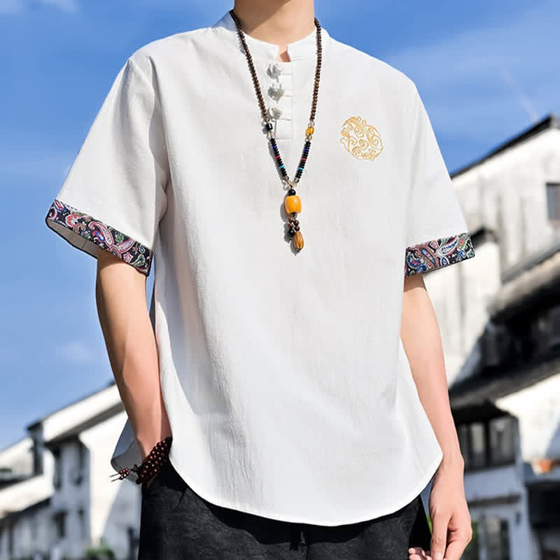 Buddha Stones Camicia da uomo a maniche corte, stile estivo Tang, casual, con bottoni a forma di rana e ricamo. - image 32