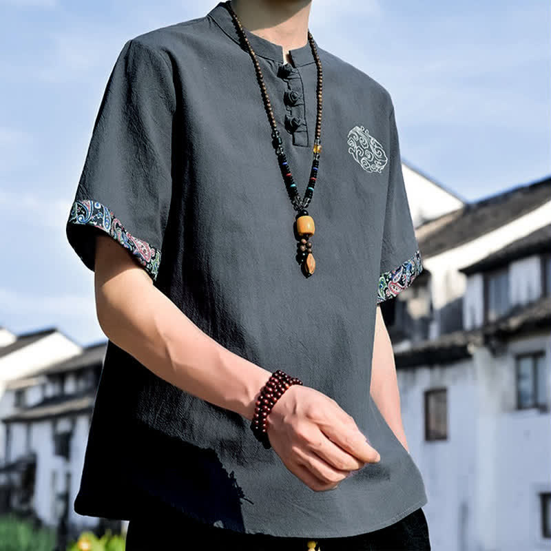 Buddha Stones Camicia da uomo a maniche corte, stile estivo Tang, casual, con bottoni a forma di rana e ricamo. - image 6