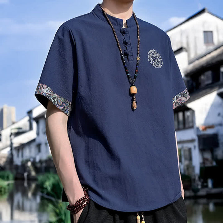 Buddha Stones Camicia da uomo a maniche corte, stile estivo Tang, casual, con bottoni a forma di rana e ricamo. - image 14