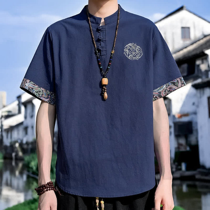 Buddha Stones Camicia da uomo a maniche corte, stile estivo Tang, casual, con bottoni a forma di rana e ricamo. - image 19