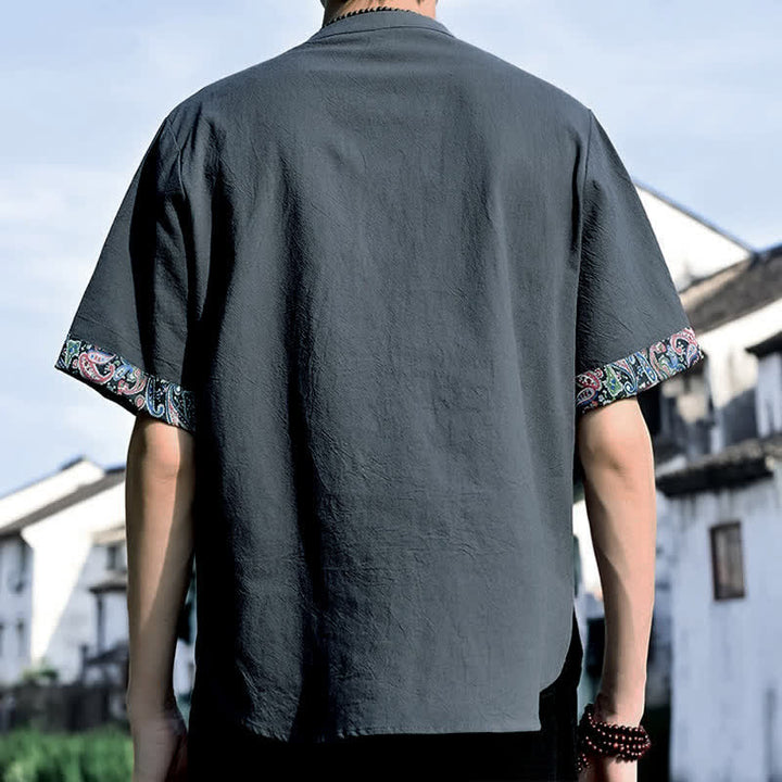 Buddha Stones Camicia da uomo a maniche corte, stile estivo Tang, casual, con bottoni a forma di rana e ricamo. - image 4
