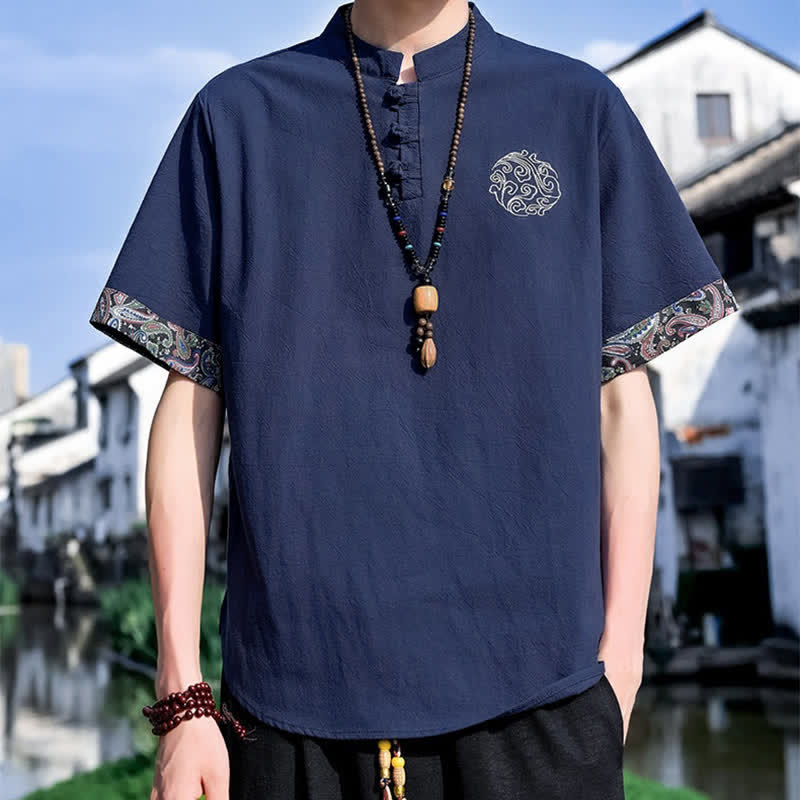 Buddha Stones Camicia da uomo a maniche corte, stile estivo Tang, casual, con bottoni a forma di rana e ricamo. - Blu scuro - US/UK/AU46, EU56 (5XL) - image 13