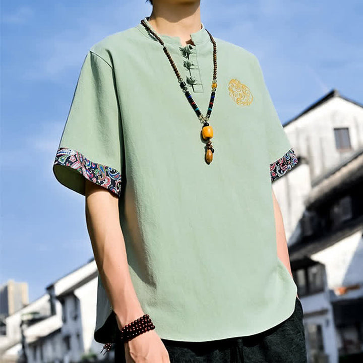 Buddha Stones Camicia da uomo a maniche corte, stile estivo Tang, casual, con bottoni a forma di rana e ricamo. - image 24