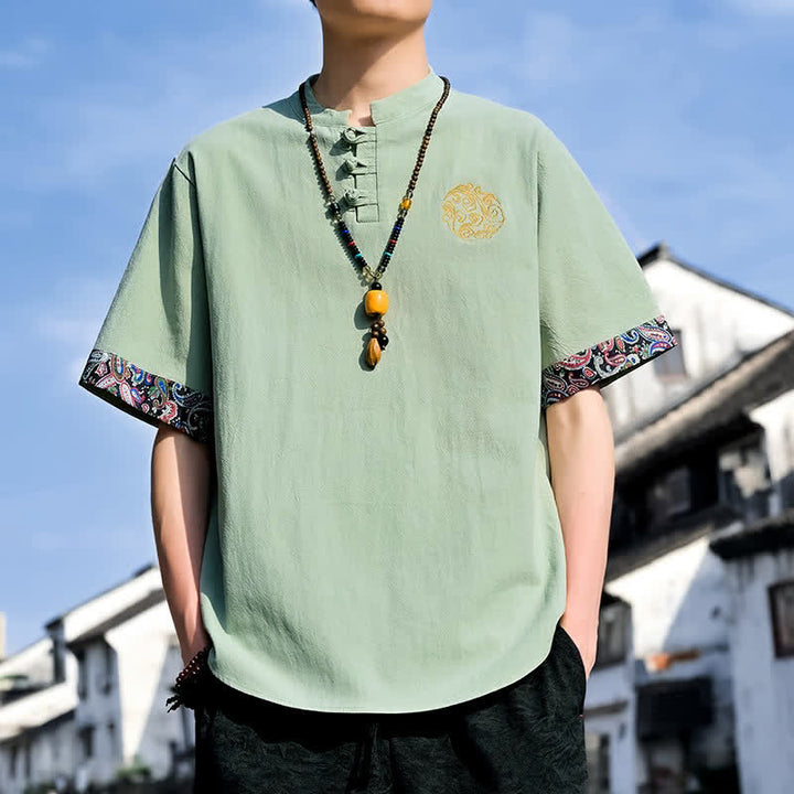 Buddha Stones Camicia da uomo a maniche corte, stile estivo Tang, casual, con bottoni a forma di rana e ricamo. - image 22