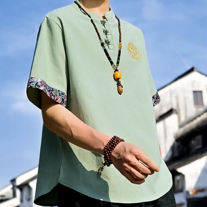 Buddha Stones Camicia da uomo a maniche corte, stile estivo Tang, casual, con bottoni a forma di rana e ricamo. - image 25